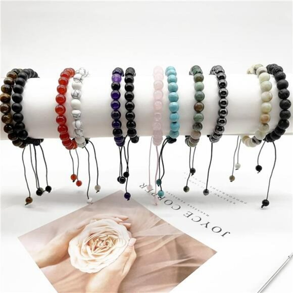 12pcs gemstone beaded bracelets set tiger eye amethyst lava stone adjustable - Picture 6 of 8